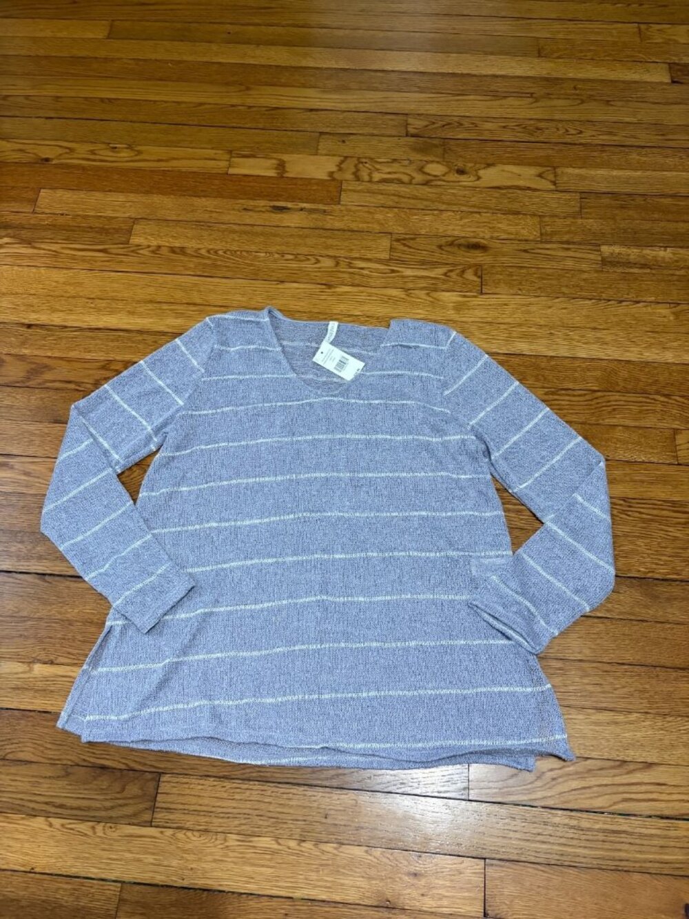 Mia & Tess Womens Sweater Sz Large Gray Striped Woven Open-Knit Top NWT $40